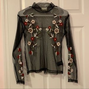 Black Mesh Floral Embroidered Mock Neck Top